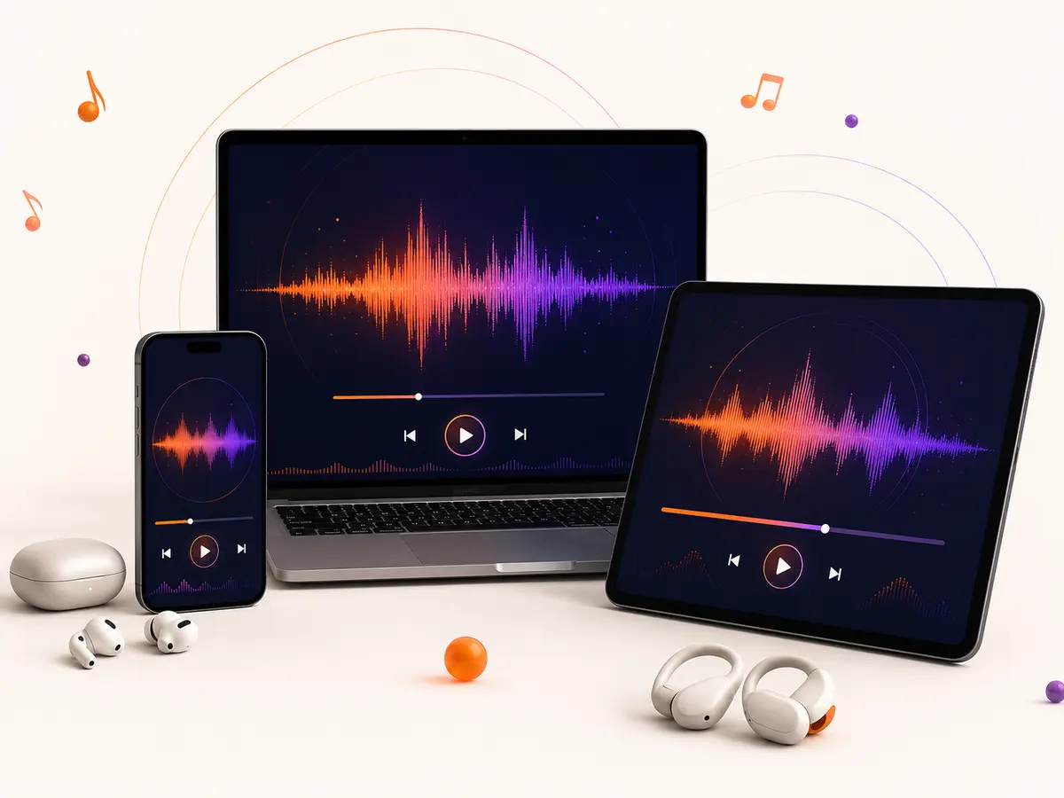 Audio downloader displayed across a laptop, phone, and tablet