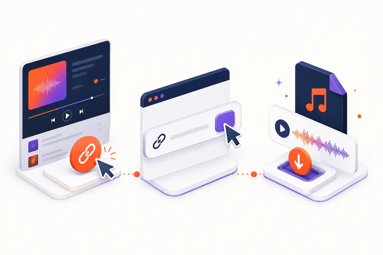 Three connected scenes showing copy, paste, and audio download