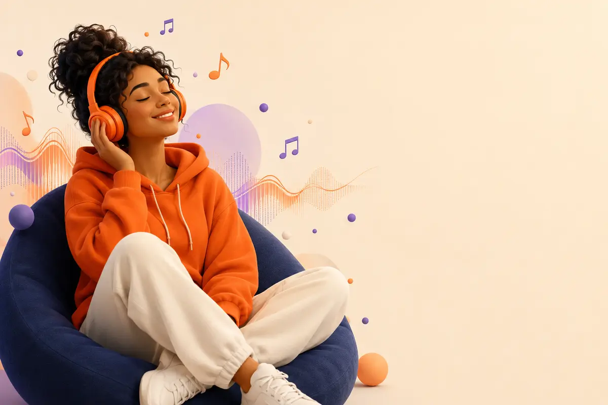 Listener enjoying music with headphones and a colorful waveform